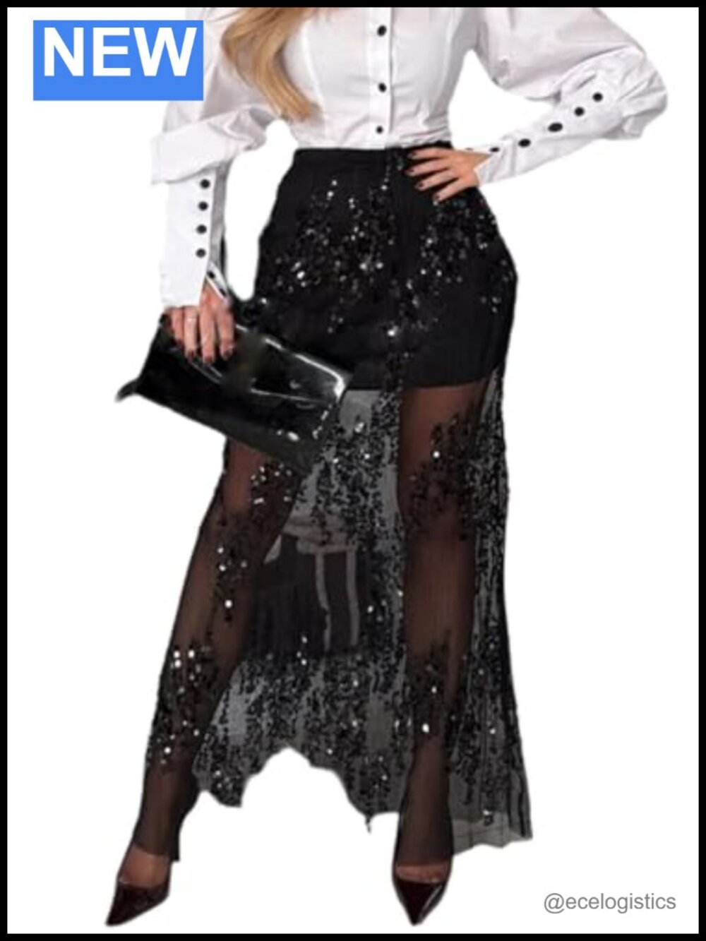 Wuitrie Maxi Sequin Skirts Women Mesh Sheer Patchwork High Waist Night Out Long